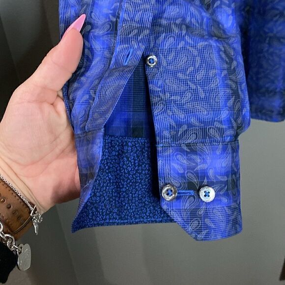 Bugatchi Uomo Dark Blue Medium Blue Plaid Paisley Print Button Down Dress Shirt - Picture 8 of 15